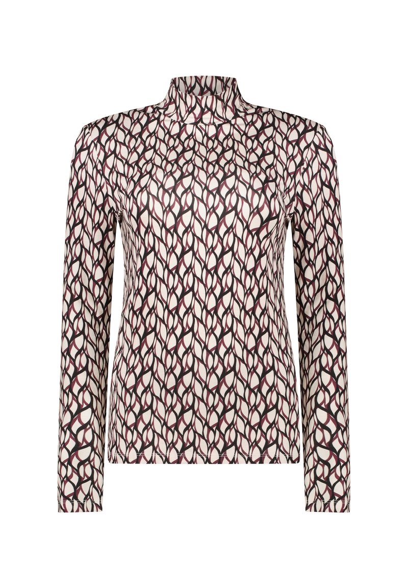 Langsleeve top met een hoge kraag, voorzien van een bloemenpatroon in bordeaux en room op een lichte achtergrond. Soepele stoftextuur.
