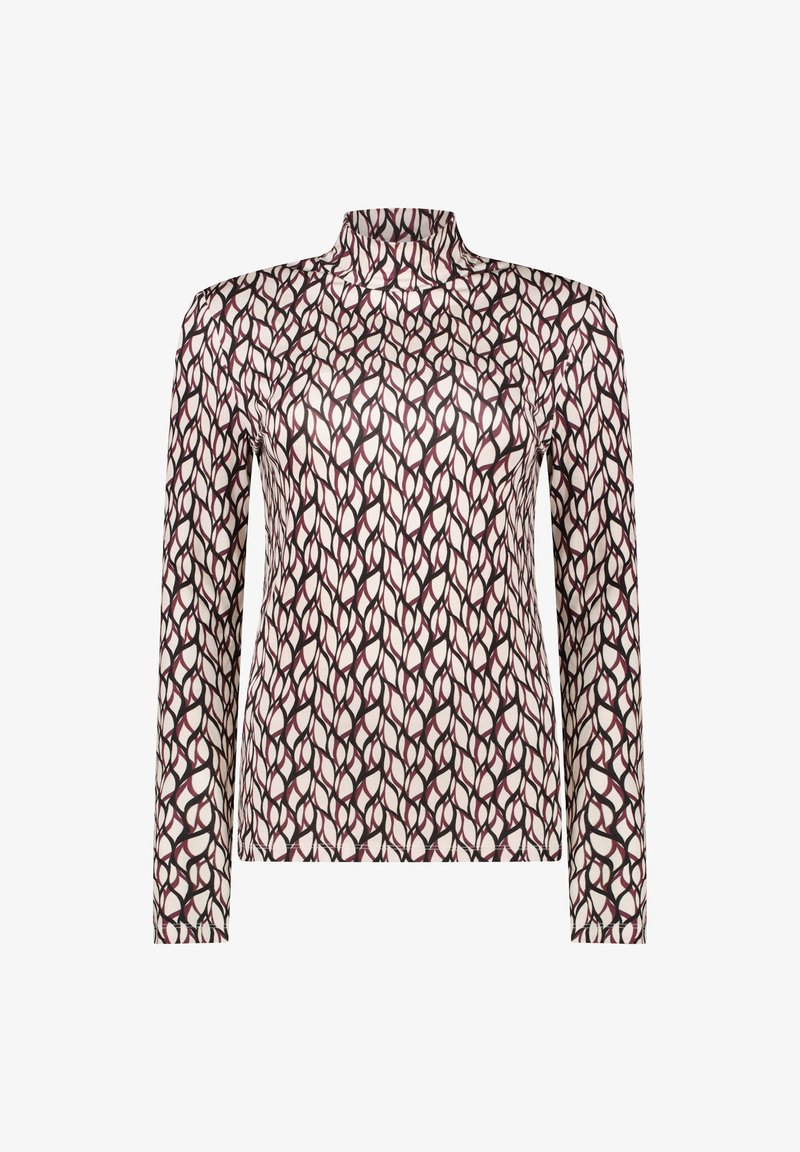 Langsleeve top met een hoge kraag, voorzien van een bloemenpatroon in bordeaux en room op een lichte achtergrond. Soepele stoftextuur.