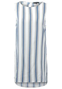 Robe blanche sans manches avec des rayures verticales noires et bleues, encolure ronde, et ourlet arrière légèrement plus long.