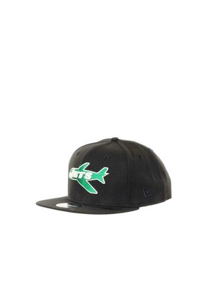 Black cap with a flat brim features a green airplane logo and "JETS" text in white. Made from fabric with a smooth texture.