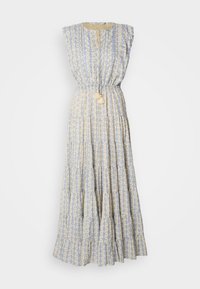 Maxi φόρεμα σε ανοιχτό γαλάζιο και κρεμ με γεωμετρικά σχέδια, αμάνικο σχέδιο, ελαστική μέση και διακοσμητικές φούντες στη μέση.