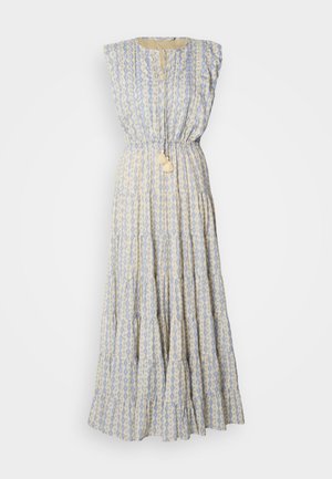 Maxikjole i lyseblå og krem med geometriske mønstre, ermeløs design, elastisk midjebånd og dusker ved livet.
