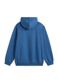 Sudadera de algodón azul con capucha, mangas largas y puños acanalados. Textura suave, sin patrones ni acentos visibles, vista trasera mostrada.