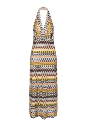 Ärmelloses Maxikleid mit Neckholder und Zickzackmuster in Blau-, Gelb-, Braun- und Orangetönen sowie einem gezackten V-Ausschnitt.