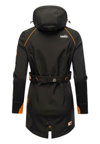Black waterproof jacket with a hood, featuring orange accents, a belted waist, and a split hem for enhanced mobility. Smooth, textured fabric.