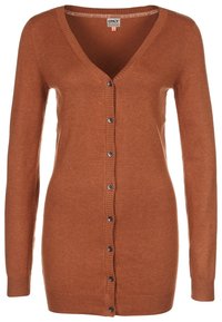 Kvinnors långärmad, rostfärgad knäppcardigan med V-krage och ribbade ärmslut och fåll.