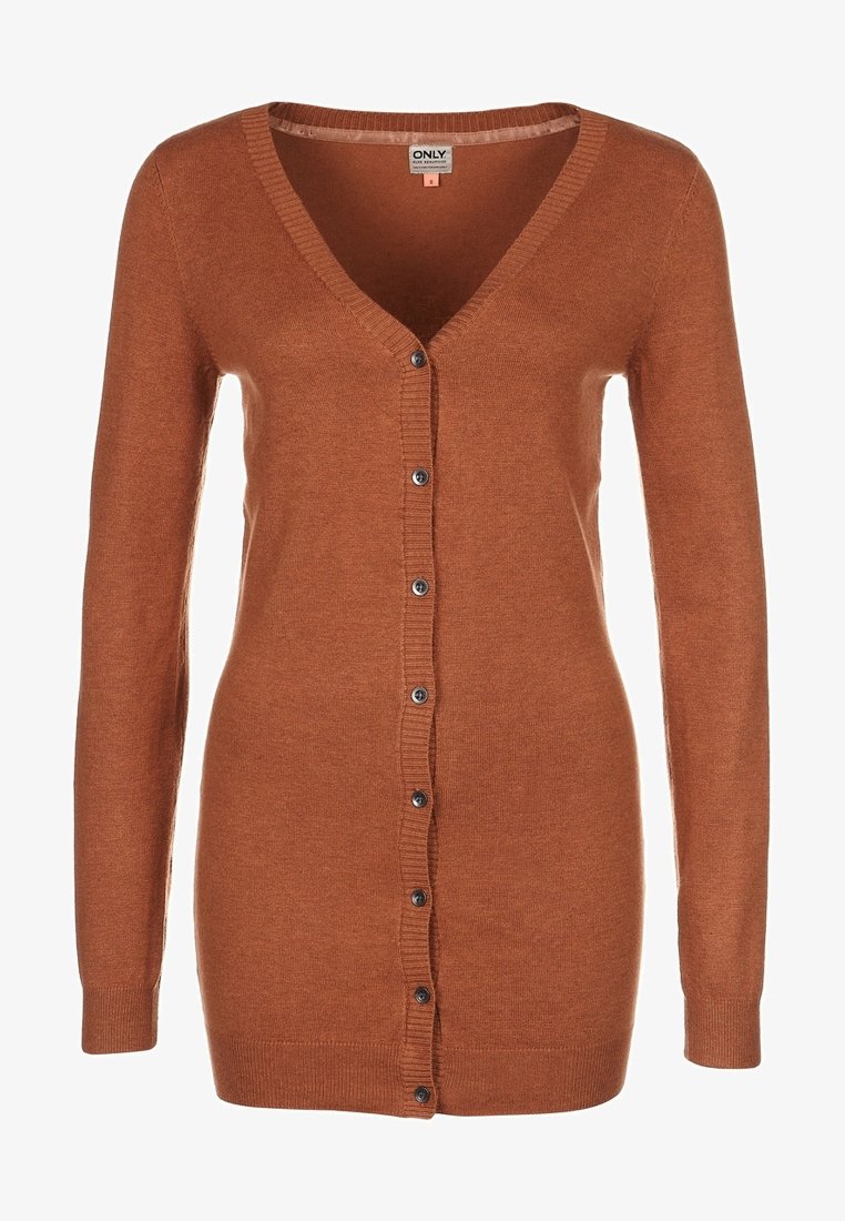 Women's long-sleeve, rust-colored button-up cardigan with V-neck and ribbed cuffs and hem.