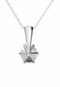Collana con pendente in argento caratterizzata da un design conico e una base circolare. Il pendente include elementi incrociati che si intersecano e una finitura lucida.
