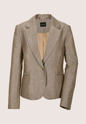 Beige linnen colbert met één knoop, revers met inkeping, lange mouwen, voorzakken met een paspel en een lichtbruine binnenvoering.