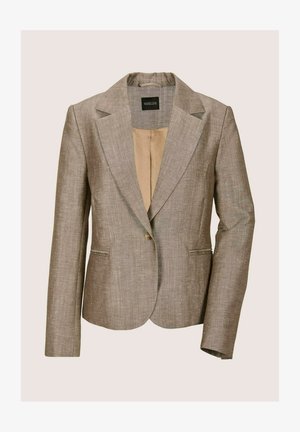 Beige linnen colbert met één knoop, revers met inkeping, lange mouwen, voorzakken met een paspel en een lichtbruine binnenvoering.
