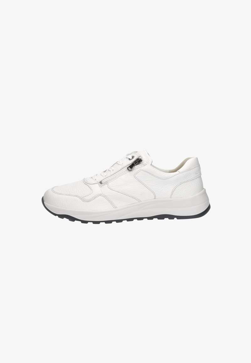 Baskets en cuir blanc avec fermeture éclair latérale, lacets à l'avant, semelle rembourrée et semelle extérieure noire crantée, vues de profil.