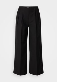 Black wide-leg trousers with a high waist, featuring pleats and two front buttons. Made of smooth fabric, designed for a tailored look.