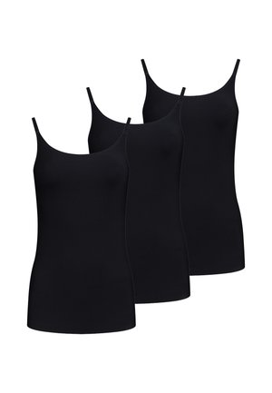 Zwarte tanktops met dunne banden, gemaakt van een gladde stretchstof en een aansluitend ontwerp. Drie identieke stukken zijn samen tentoongesteld.