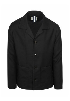 Black men's casual jacket with collar, four buttons down the front, and two large front pockets, displayed on a white background.