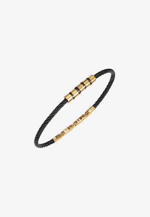 Bracciale nero intrecciato con accenti dorati e un centro testurizzato, caratterizzato da tre elementi cilindrici dorati e una sezione piatta a catena dorata.