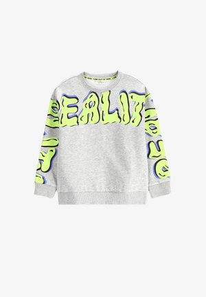 Szara bluza z wyrazistym, żółto-zielonym napisem "REALITY" oraz abstrakcyjnymi wzorami na rękawach. Wykonana z miękkiego materiału, z dekoltem typu crew neck.