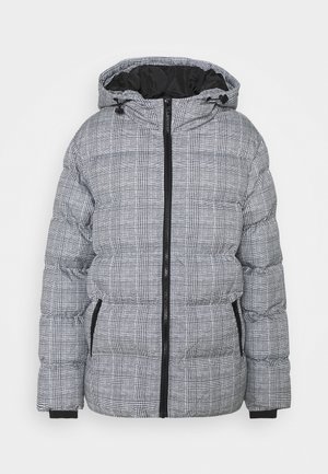 Veste d’hiver matelassée à carreaux gris et noir avec capuche, fermeture éclair à l’avant, poches latérales et poignets côtelés.