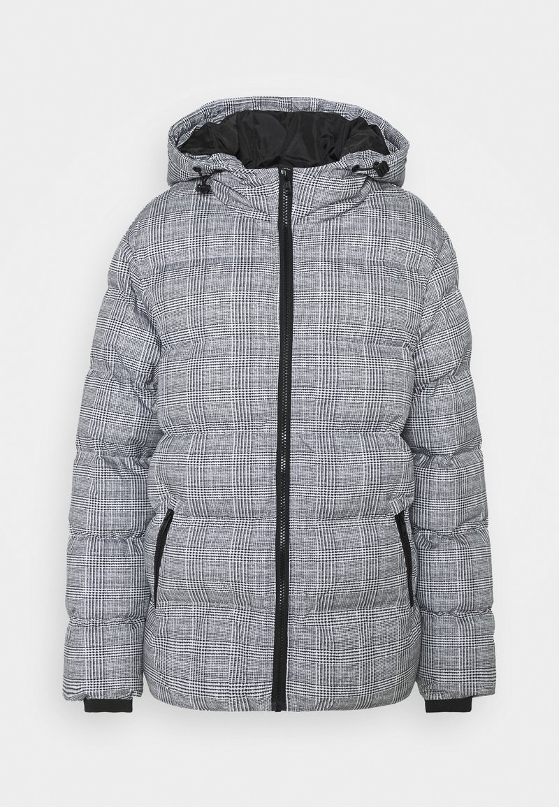 Veste d’hiver matelassée à carreaux gris et noir avec capuche, fermeture éclair à l’avant, poches latérales et poignets côtelés.