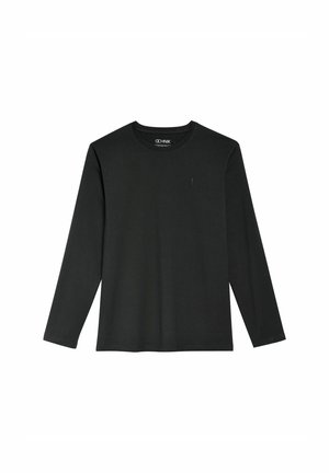 Czarna koszulka z długim rękawem, wykonana z miękkiego materiału, z okrągłym dekoltem, z minimalnym nadrukiem logo na piersi. Prosty, prosty krój.