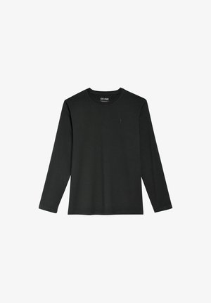 Czarna koszulka z długim rękawem, wykonana z miękkiego materiału, z okrągłym dekoltem, z minimalnym nadrukiem logo na piersi. Prosty, prosty krój.