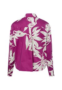 Paarse, lange mouwen shirt met een witte bladerenprint, knoopsluiting kraag en een ontspannen pasvorm met een rugplooi detail.