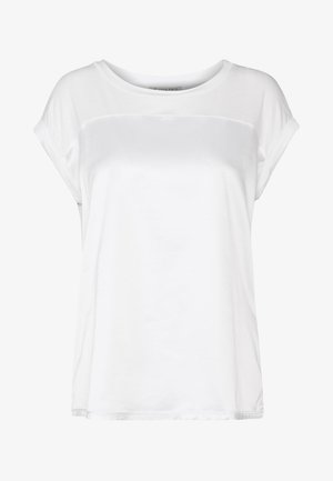 White short-sleeve T-shirt made of smooth fabric. Features a simple, relaxed design with a horizontal accent across the chest.