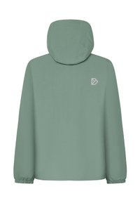 Jasnozielona kurtka z kapturem, z elastycznymi mankietami i logo na górnej części pleców. Gładki, lekki materiał o minimalistycznym wzornictwie.