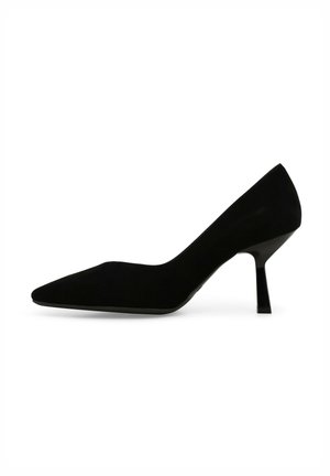 Scarpa nera in suede con tacco alto, punta affilata e tacco a stiletto sottile. Tessuto liscio con una silhouette elegante, elementi di design minimali.