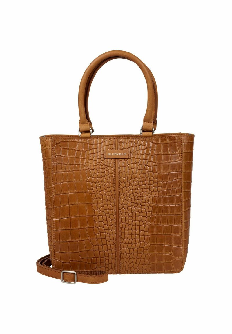 Braune Lederhandtasche mit Krokodilprägung, zwei Tragegriffen und einem abnehmbaren Schultergurt, vorne mit dem Logo "Burkely".