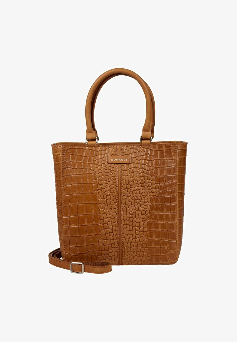 Borsa a tracolla in pelle marrone con texture di coccodrillo, due manici e tracolla removibile, marchiata "Burkely" sul davanti.