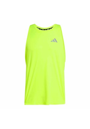 Canottiera sportiva gialla fluorescente senza maniche con logo Adidas riflettente sul petto, progettata per la corsa.