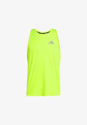 Canottiera sportiva gialla fluorescente senza maniche con logo Adidas riflettente sul petto, progettata per la corsa.