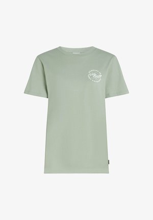 Hellgrünes Baumwoll-T-Shirt mit kurzen Ärmeln, Rundhalsausschnitt und einem kreisförmigen weißen Motiv auf der Brust. Glatte Textur, lässige Passform.