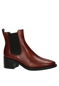 Bottine en cuir marron avec des panneaux latéraux élastiques, bout pointu et un large talon noir. Texture lisse avec une finition brillante.