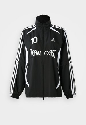 Black sports jacket with white stripes, "TEAM GEIST" logo, and number 10. Features a high collar and elastic cuffs. Lightweight fabric.