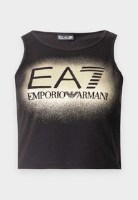 Fekete, ujjatlan, rövid felső sima pamutból, középen jól látható arany áttűnéses EA7 EMPORIO ARMANI logóval.