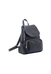 Navy leren rugzak met een omslagklep, twee voorzakken met rits en verstelbare banden. Soepele structuur en gouden hardwareaccenten.