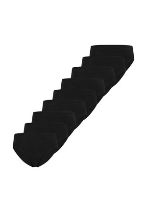 Dziesięć prostych, czarnych majtek o kroju bokserek ułożonych diagonalnie na białym tle.