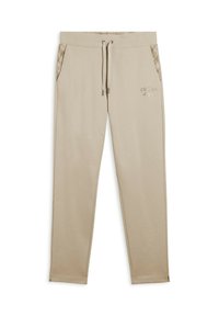Pantalones de chándal beige con cintura elástica y cordón ajustable. Los bolsillos laterales tienen un borde con patrón. Logo sutil en la parte frontal.