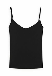 Camisole noire à fines bretelles, fabriquée en tissu doux. Elle présente un décolleté en V et une silhouette ajustée. Design minimaliste.