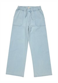 Pantalones de denims anchos de color azul claro con cintura elástica y cordón, que cuentan con dos grandes bolsillos frontales y una textura suave.