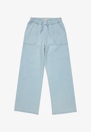 Lichtblauwe denim wijde broek met een elastische tailleband en trekkoord, voorzien van twee grote voorkruiszakken en een soepele textuur.