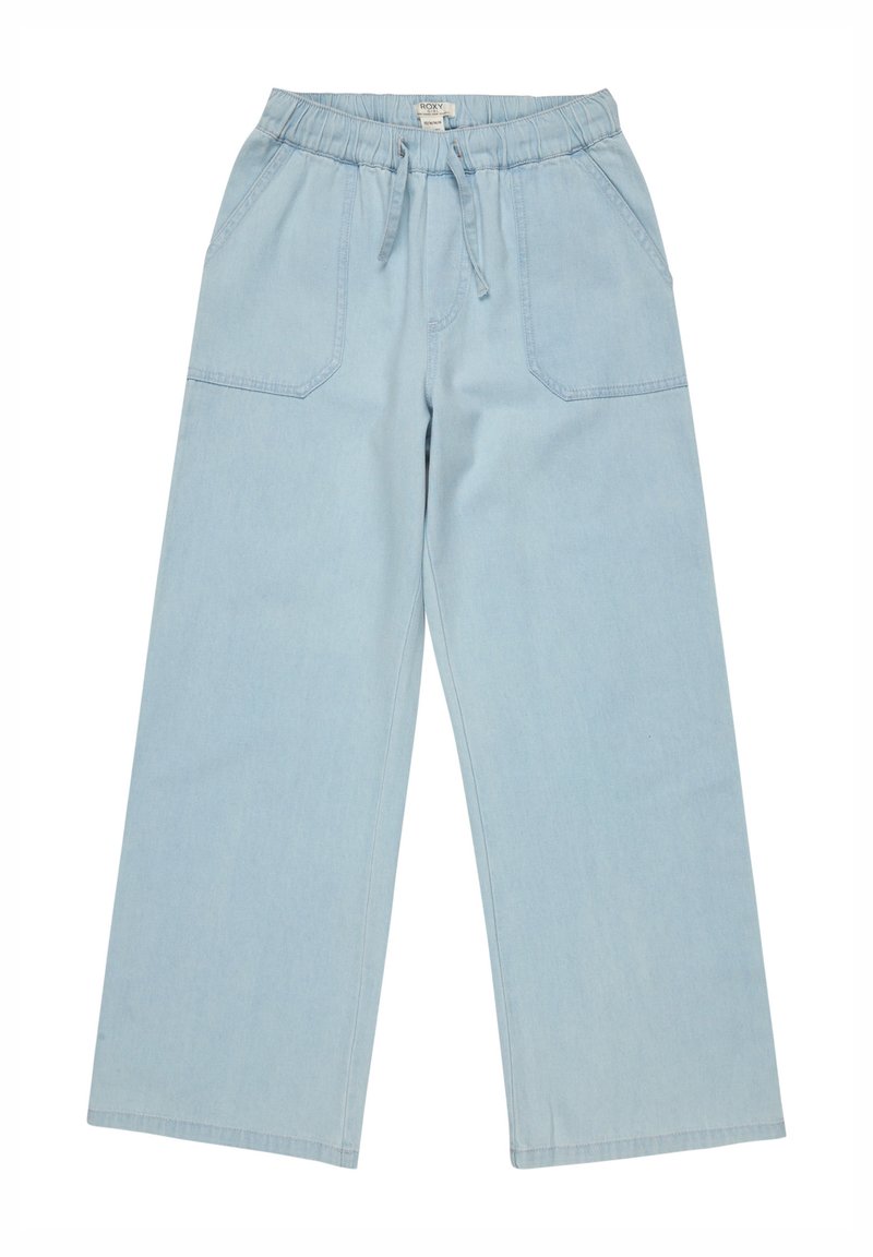 Pantalones de denims anchos de color azul claro con cintura elástica y cordón, que cuentan con dos grandes bolsillos frontales y una textura suave.