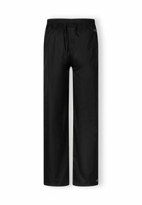 Pantalons imperméables noirs avec une taille élastique, coupe droite, sans motifs ni accents visibles. Texture lisse, style minimaliste.