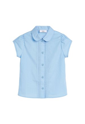 Chemise à manches courtes bleu clair avec un col, fermeture par boutons et détails de pintucks décoratifs au centre. Tissu en coton doux.