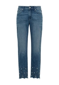 Jean en denim dans une teinte bleue moyenne, avec une coupe droite, un ourlet effiloché et des embellissements en perles le long du bas.