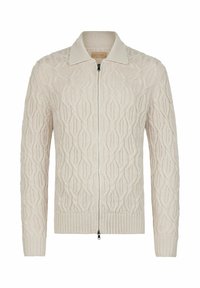 Beige gestrickte Strickjacke mit einem Reißverschluss, die ein geometrisches Muster, gerippte Bündchen und einen Kragen aufweist und aus strukturiertem Stoff gefertigt ist.
