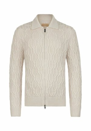 Beige gebreide cardigan met een rits aan de voorkant, met een geometrisch patroon, ribbelboorden en kraag, gemaakt van gestructureerde stof.