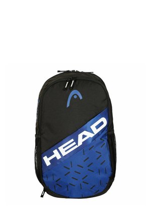 Mochila negra y azul con cremallera frontal, bolsillos laterales de malla y logo blanco "HEAD" en la sección azul, con un patrón de líneas negras dispersas.