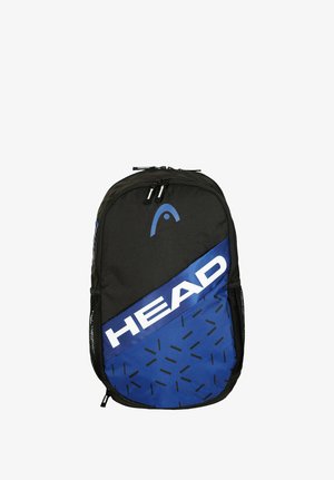 Zwarte en blauwe rugzak met voorste ritssluiting, mesh zijvakken en wit "HEAD" logo over het blauwe gedeelte met een patroon van verspreide zwarte lijnen.